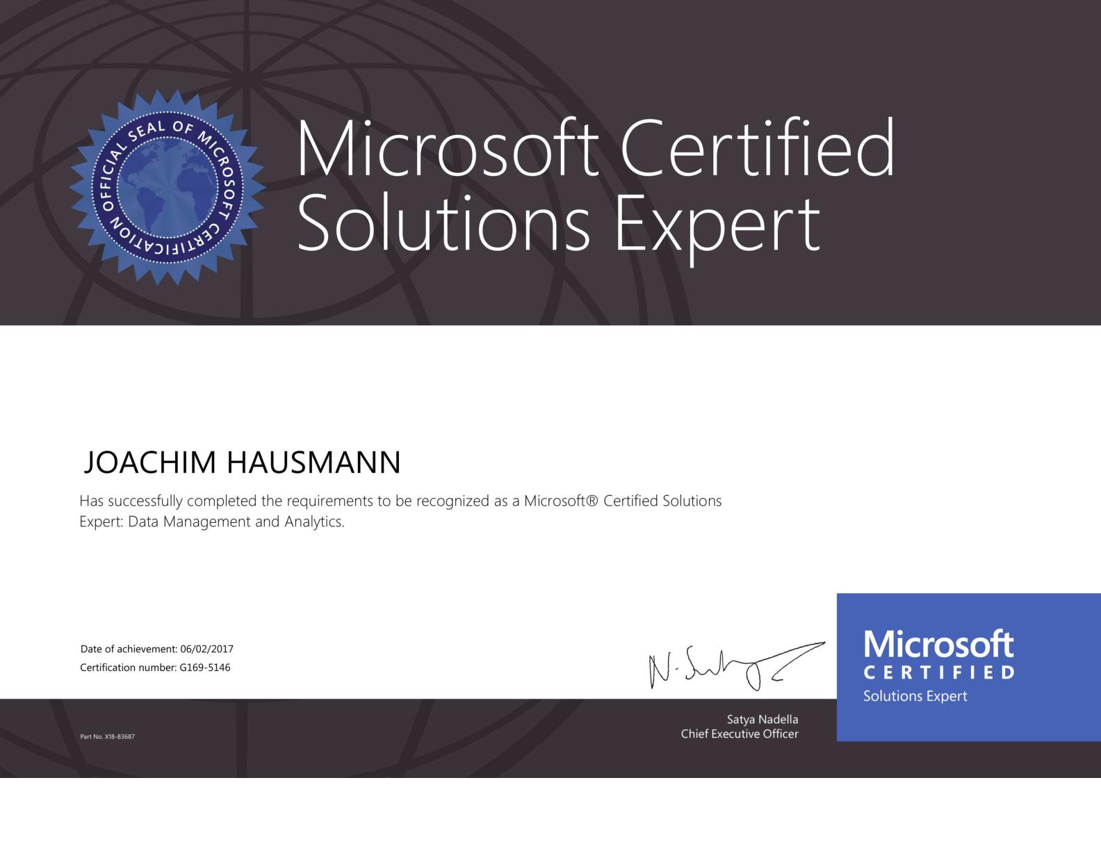 Zertifikat zur Microsoft Prüfung 70-464 Developing Microsoft SQL Server 2012/2014 Databases