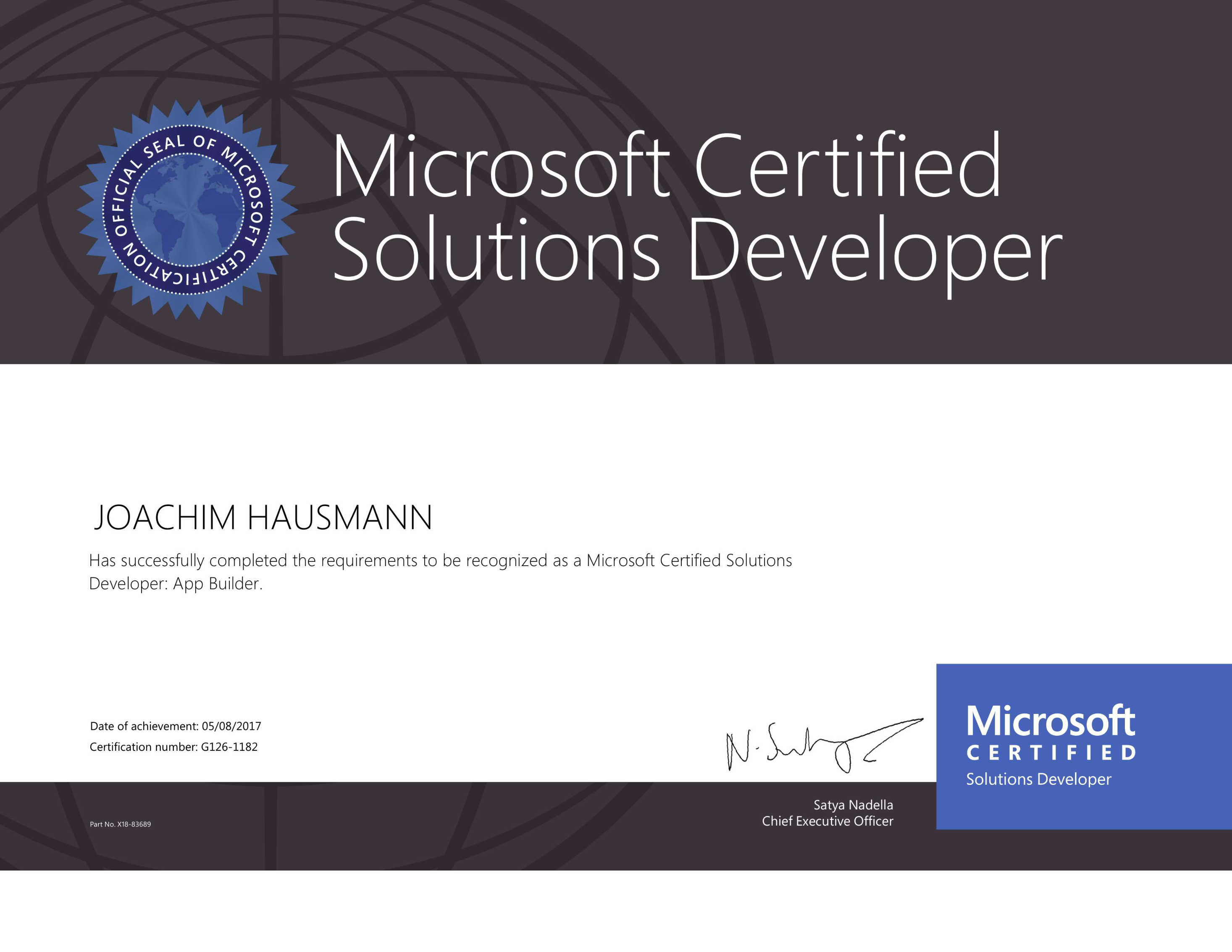 Zertifikat zur Microsoft Prüfung 70-487 Developing Microsoft Azure and Web Services