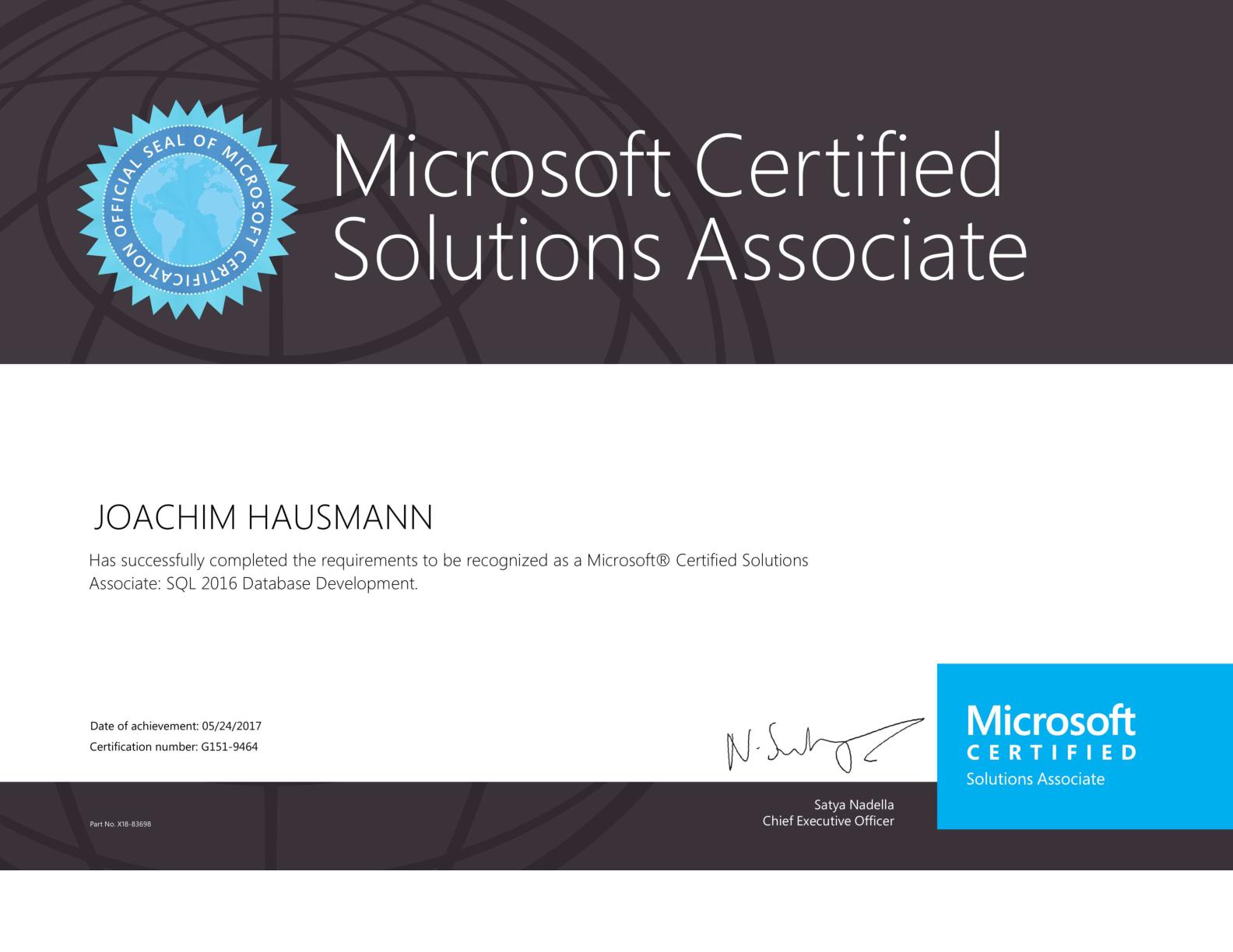 Zertifikat zur Microsoft Prüfung 70-762 Developing SQL Databases